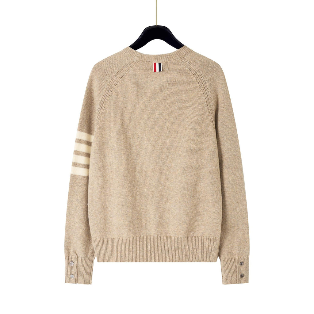 4 - Bar Cotton V - Neck Cardigan - Premium Khaki Knit Sweater | Thom Browne