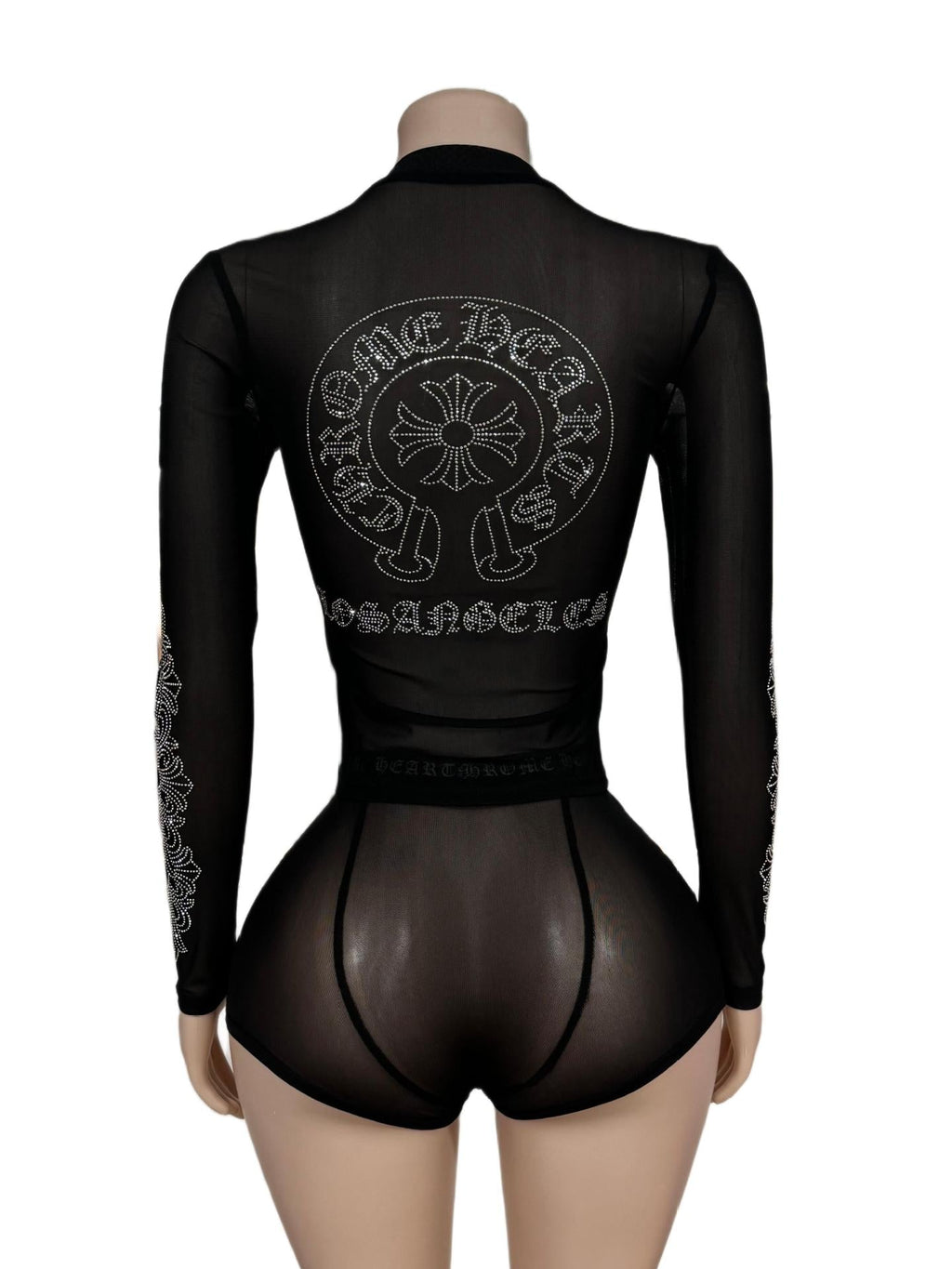 Chrome Hearts Black Mesh Horseshoe Rhinestone Sheer 2 Piece Set