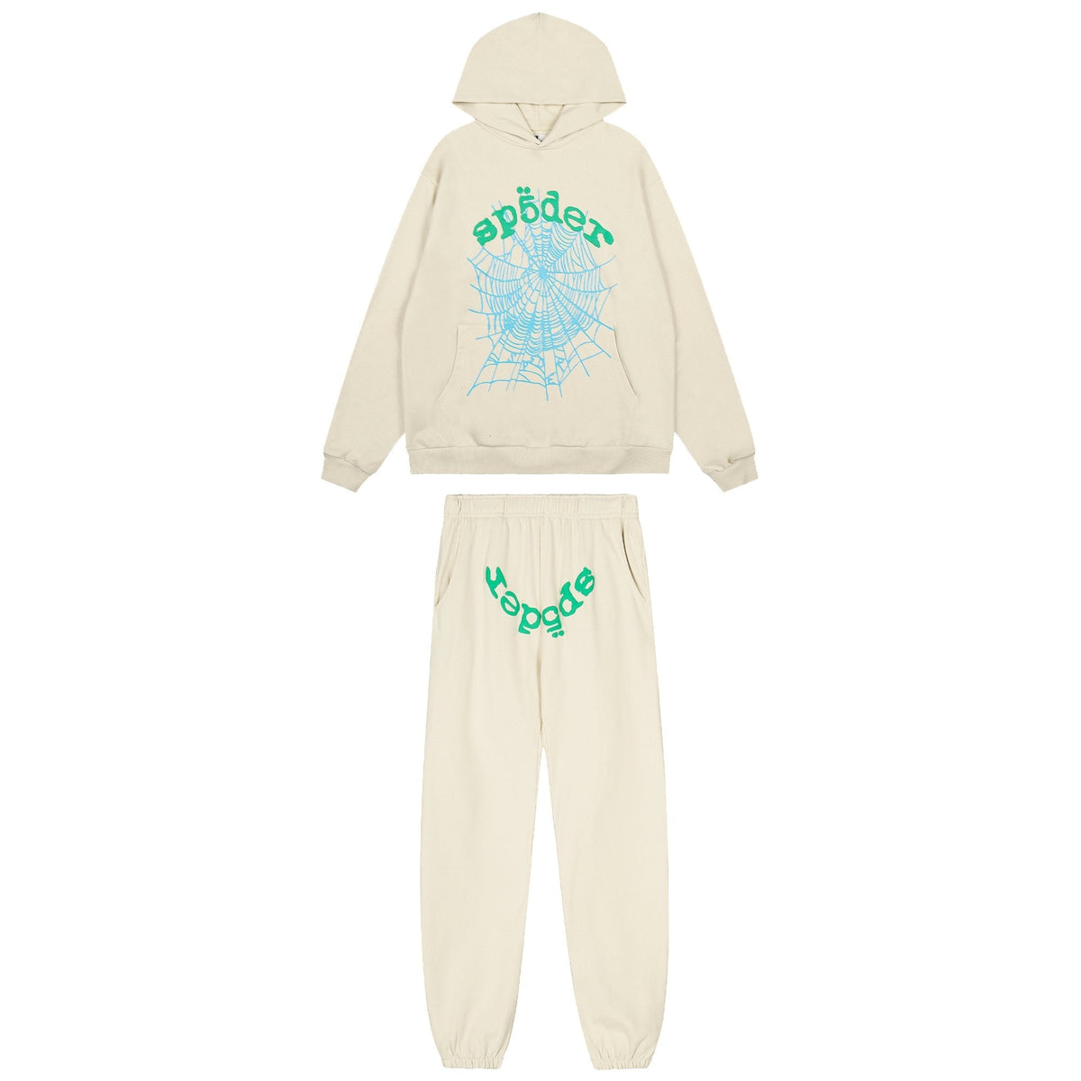 Sp5der Cream Graphic Hoodie & Sweatpants Matching Set