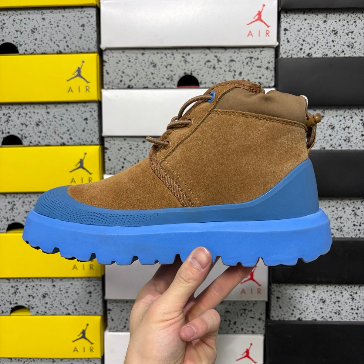 UGG Lace-Up Hiker Chukka Boot – Suede Boot with Blue Lug Sole, Knit Collar & Blue Eyelets in Tan