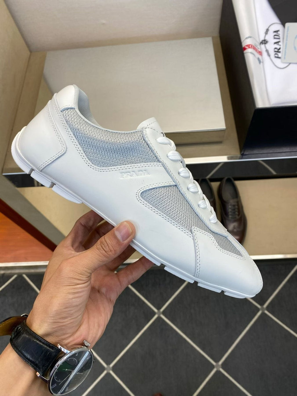 Prada Men's White and Light Gray Low-Top Sneakers