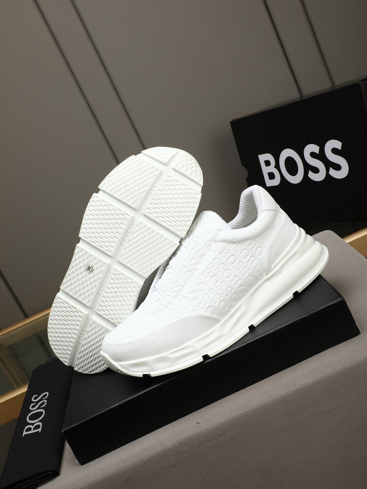 BOSS White Embossed Low-Top Sneakers
